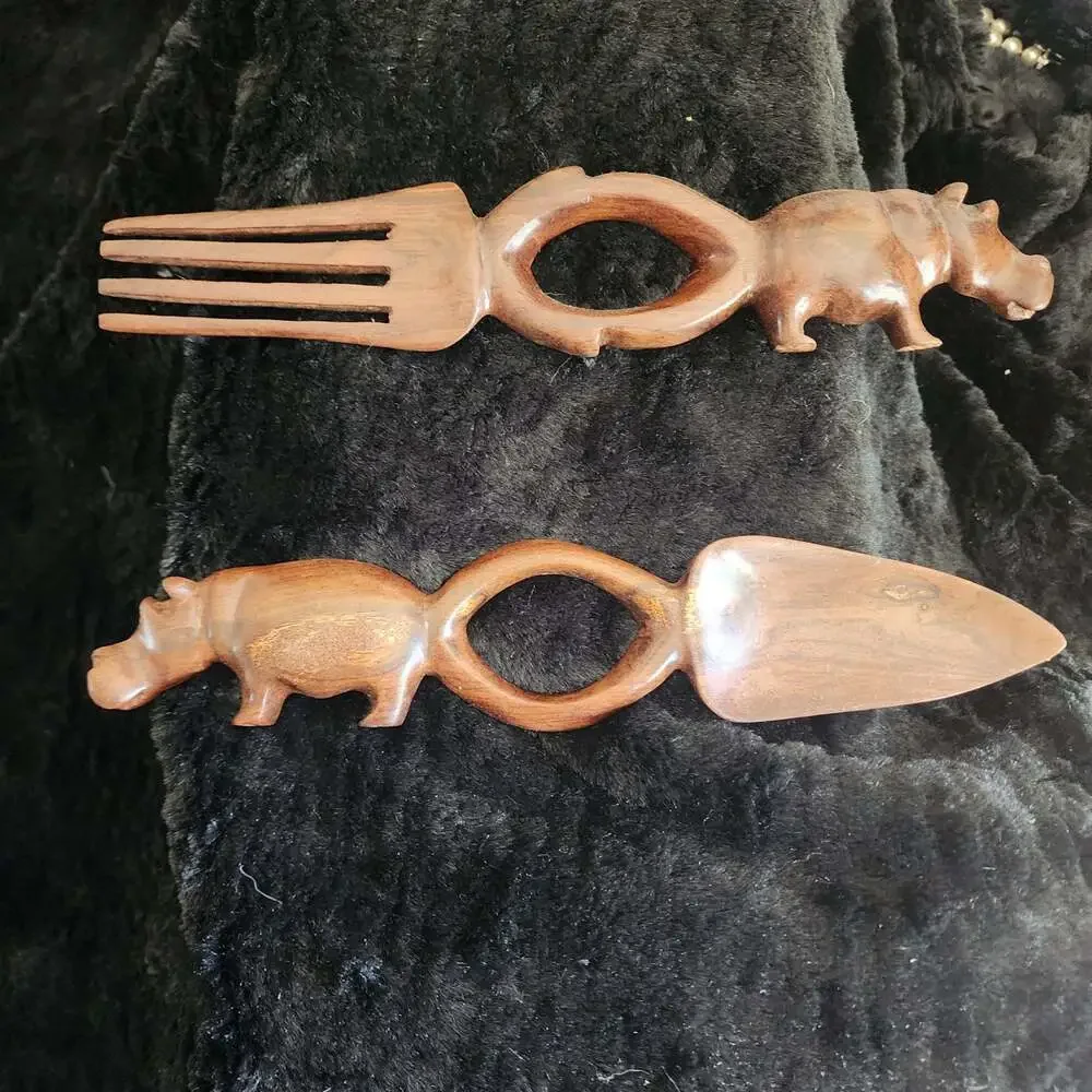 Vintage Hand-Carved Wooden African Safari Hippo Serving Salad Utensil Set